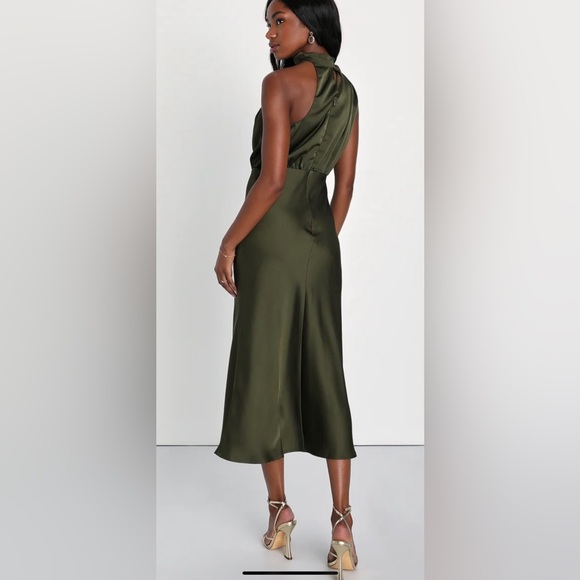 Lulus Distinctive Charm Olive Green Satin Asymmetrical Midi Dresss. NEW! Medium - Picture 2 of 7